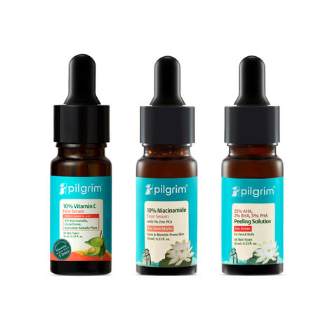 Buy Pilgrim Bright, Glowing Skin Trio | 10% Vitamin C + 10% Niacinamide + 25% AHA BHA PHA Serums | Tan Removal | Reduces Dark Spots Combo of 3-Purplle