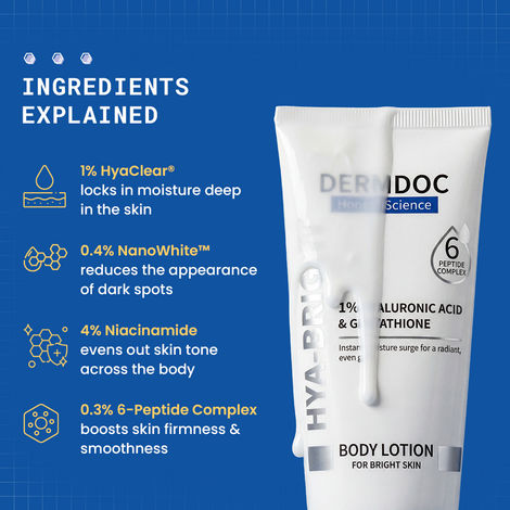 glutathione hyaluronic acid body lotion DERMDOC 1% & Hya-Bright Moisturising 180 ml Peptide Lotion Peptide BPC-157 and brain sun damage and discoloration Bottle Size:100 mL