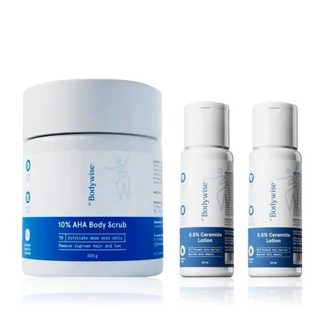 Buy Be Bodywise Soft Skin Exfoliation & Repair Duo - 0.5% Ceramide Body Lotion (2 x 30 ml) + 10% AHA Body Scrub (300 gm) Combo of 2-Purplle