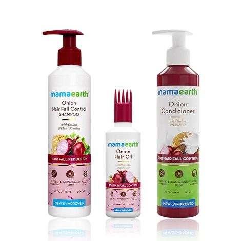 Buy Mamaearth Onion Hair Regrowth Trio: Onion Oil (150 ml) + Hair Fall Shampoo (250 ml) + Conditioner (250 ml)-Purplle