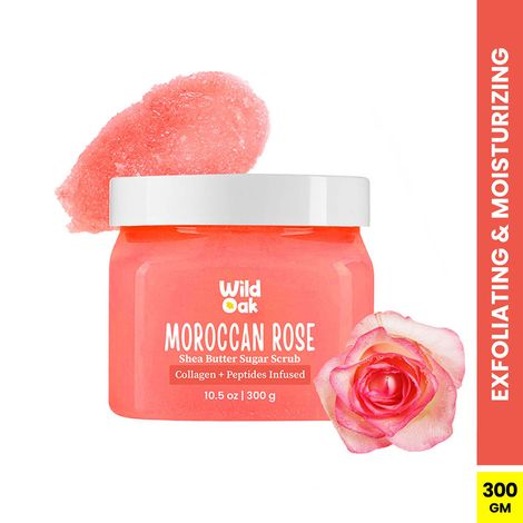 Buy Wild Oak Moroccan Rose Shea Butter Sugar Scrub | 300 gm | With Vegan Collagen & Peptides | Tan Removal & Smooth Skin | Removes Dead Skin | Ultra Hydrating, Exfoliating & Moisturising Sugar Body Scrub-Purplle