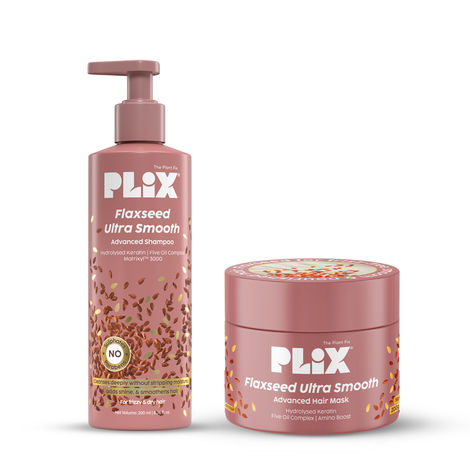 Buy PLIX Flaxseed Ultra Smooth Advanced Shampoo 200 ml & Keratin Smoothening Mask 200 gm | Smooths Hair | Nourishes Deeply | Flaxseed Oil | Plant Keratin PF | For Men & Women - Combo of 2-Purplle