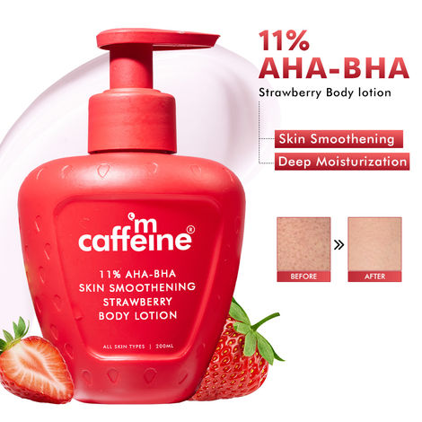 Buy mCaffeine 11% AHA BHA Strawberry Body Lotion for Skin Smoothening | Juicy Strawberry Scent | Gently Exfoliates & Deeply Moisturization- 200 ml-Purplle