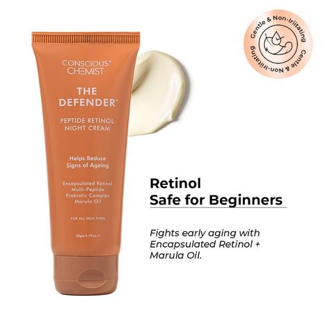 Buy Conscious Chemist The Defender Night Cream | 0.5% Retinol Moisturizer Cream | 50 gm | Night Cream, Face Cream for Men & Women, Multi peptide Anti aging cream, Reduces Fine lines, Neck lines & Wrinkles, All Skin Types-Purplle