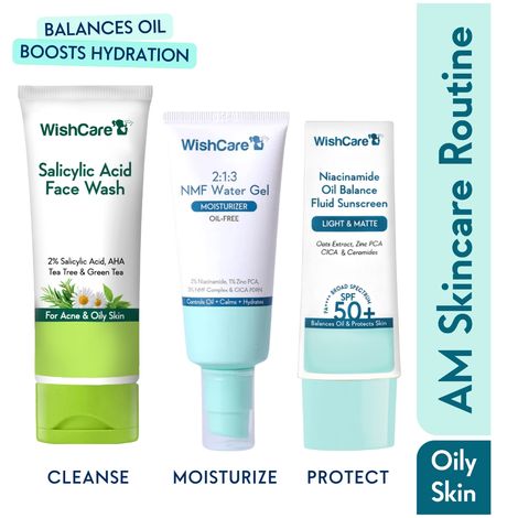 Buy WishCare AM Skincare Routine with Face Wash 100 ml, Moisturizer 50 ml and Sunscreen for Oily & Sensitive Skin 50 gm Combo of 3-Purplle