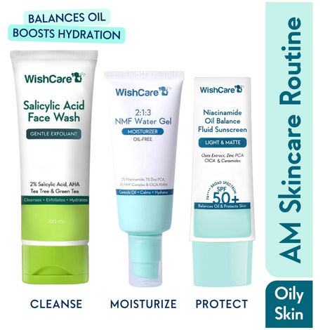 Buy WishCare AM Skincare Routine with Face Wash 100 ml, Moisturizer 50 ml and Sunscreen for Oily & Sensitive Skin 50 gm Combo of 3-Purplle