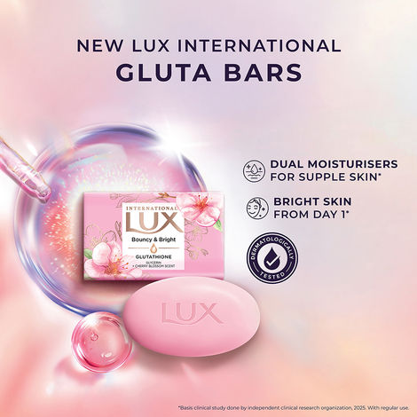 LUX International Bouncy & Bright Bathing Soap with Glutathione & Glycerin,  4 x 130 gm, for Soft Skin