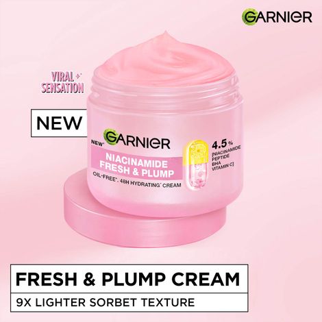 Buy Garnier Fresh & Plump Niacinamide Sorbet Moisturizer Cream, 4.5% Niacinamide + Peptide + BHA + Vitamin C, 9x Lighter Sorbet Texture, For Hydrated and Plump Skin, Suitable for Oily to Normal and Combination Skin, 45 gm-Purplle