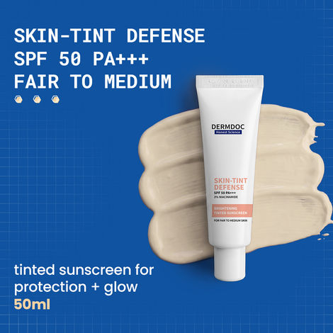 Buy DermDoc Skin Tint Defense Brightening Tinted Sunscreen SPF 50 PA+++ | Fair to Medium Skin | 3% Niacinamide | Light Coverage, Natural Finish | Evens Tone & Adds Glow | Broad Spectrum | Weightless, Non-Sticky | 50 ml-Purplle