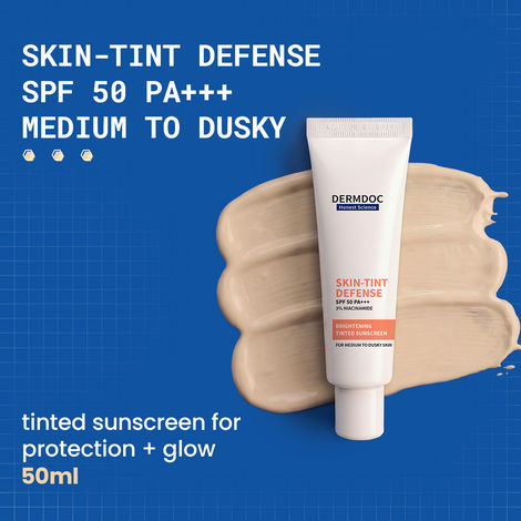 Buy DermDoc Skin Tint Defense Brightening Tinted Sunscreen SPF 50 PA+++ | Fair to Medium Skin | 3% Niacinamide | Light Coverage, Natural Finish | Evens Tone & Adds Glow | Broad Spectrum | Weightless, Non-Sticky | 50 ml-Purplle
