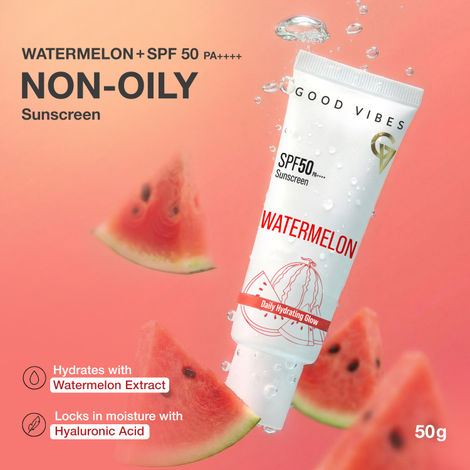 Buy Good Vibes Hydrating Watermelon Sunscreen SPF 50 PA++++ | With Watermelon Extract & Hyaluronic Acid | Lightweight Non-Sticky | No White Cast | Broad Spectrum UVA & UVB Protection | All Skin Types | 50 gm-Purplle