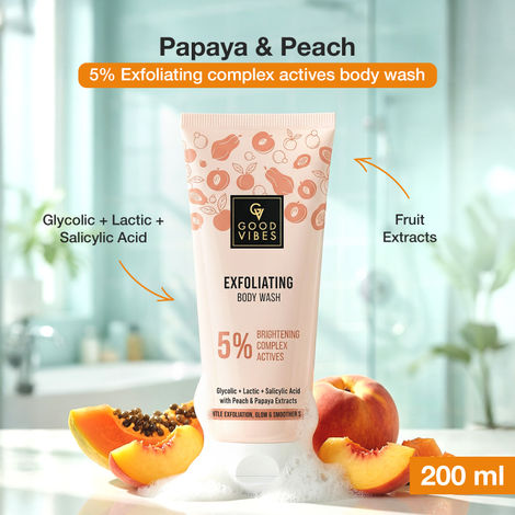 Buy Good Vibes Peach & Papaya AHA BHA Exfoliating Body Wash | 5% Brightening Complex | with Glycolic, Lactic & Salicylic Acid | Smoothens Rough Skin | Removes Dead Skin Build-Up | Soft & Glowing Skin | 200 ml-Purplle