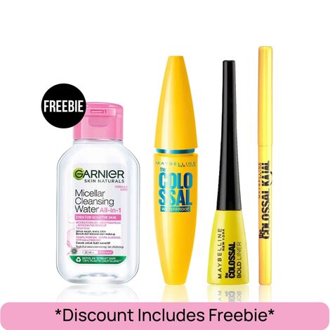 Buy Maybelline Eyeconic Prep & Define Kit| Maybelline Colossal Mascara Black (10 ml) | Maybelline Bold Eyeliner Black (3 ml) | Maybelline Colossal Kajal Deep Black (0.35 gm) | Garnier Micellar Water (50 ml) makeup Kit, Combo of 4-Purplle