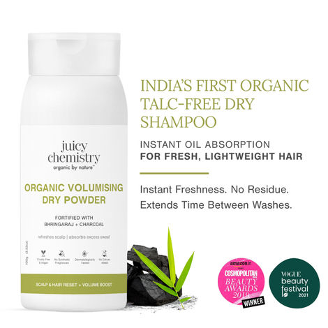 Buy Juicy Chemistry Organic Volumising Dry Powder with Bhringraj & Charcoal, 100 gm | Natural Oil Absorbing Dry Shampoo | Refreshes Scalp | Absorbs Excess Sweat | For Men & Women| Dermatologically Tested-Purplle
