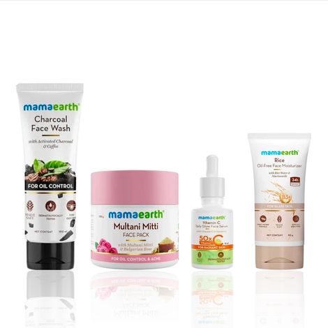 Buy Mamaearth Oily Skin & Glow 4-Step Combo: Charcoal Face Wash (100 ml) + Rice Oil-Free Moisturizer (50 gm) + Multani Mitti Face Pack (200 gm) + Vitamin C Face Serum (8 ml) - Combo of 4-Purplle