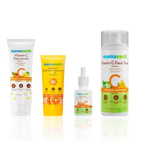 Buy Mamaearth 4-Step Vitamin C Glow Combo: Vitamin C Face Scrub (100 gm) + Vitamin C Face Serum (8 ml) + Vitamin C Sunscreen SPF 50 (50 gm) + Vitamin C Face Toner (200 ml) - Combo of 4-Purplle