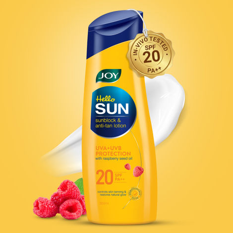 Buy Joy Hello Sun Body Sunscreen Lotion SPF20 PA++ (300 ml) | UVA + UVB Protection | Tan Control and restores Glow | Lightweight, Fast Absorbing & Zero White Cast | For Normal to Oily Skin-Purplle