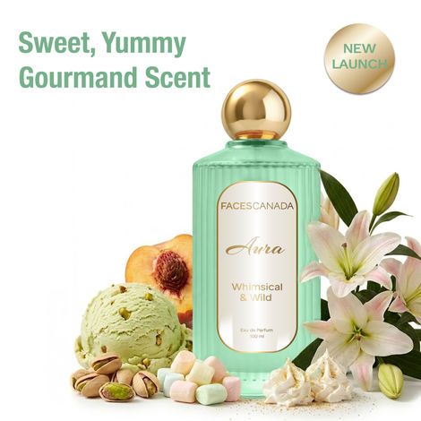 Buy FACES CANADA Aura Whimsical & Wild Eau De Parfum For Women, 100 ml | Sweet Gourmand Long Lasting Perfume Upto 8 Hrs | Pistachio, Hazelnut, Peach & Cacao Notes | 20% Fragrance Oil | Gifts for Women | Premium Fragrance-Purplle