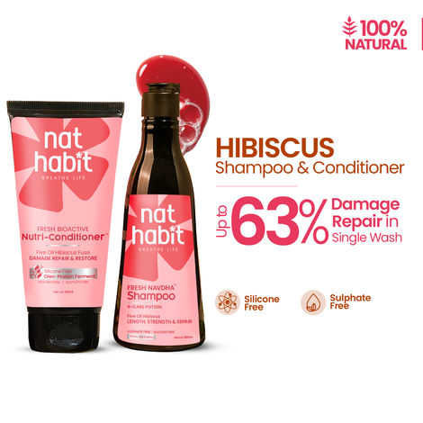 Buy Nat Habit Five Oil Hibiscus Shampoo & Conditioner Combo For Hair Fall Control, 72 Hr Frizz Control - Combo of 2-Purplle