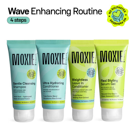 Buy Moxie Beauty Wavy Travel Routine - Shampoo (50 ml) , Conditioner (50 ml) , Leave-In Conditioner (50 ml) & Styling Serum Gel (50 ml) Combo of 4-Purplle