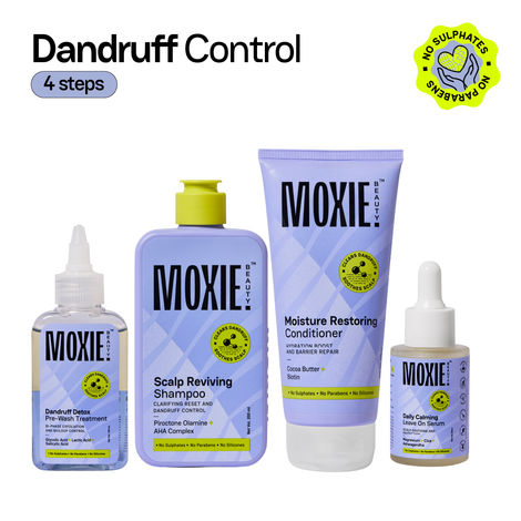 Buy Moxie Beauty Anti-Dandruff Scalp SOS Routine - Pre-wash (100 ml), Shampoo (200 ml), Conditioner (175 ml) & Serum (50 ml) Combo of 4-Purplle