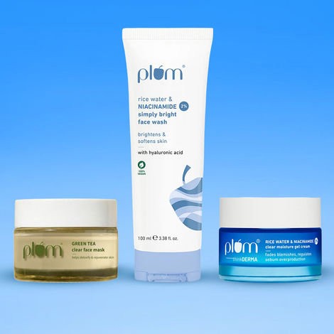 Buy Plum Green Tea Fresh Skin Combo (Simply Bright 2% Niacinamide Face Wash-100 ml + 2% Niacinamide & Rice Water Daily Face Moisturizer-50 gm + Green Tea Clear Face Mask-60 gm) - Combo of 3-Purplle