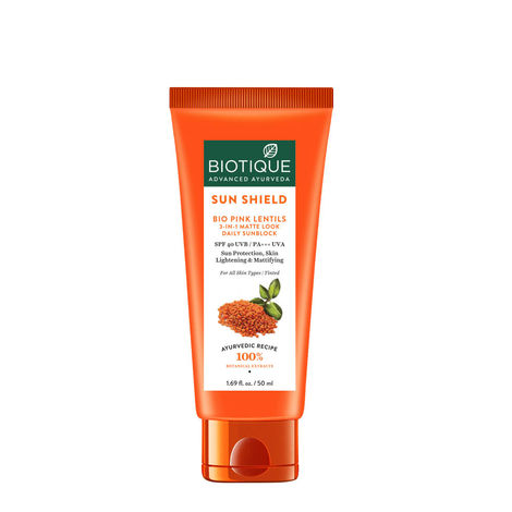 Buy Biotique Bio Pink Lentils 3-In-1 Matte Look Daily Sun Block Sunscreen SPF 40 (50 ml)-Purplle