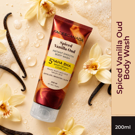 Buy FACES CANADA Spiced Vanilla Oud Body Wash for Women (200 ml) | Spiced Vanilla & Smoky Oud Scented Shower Gel | Brightening, Exfoliating & Hydrating | 5% AHA BHA & Glycolic Acid | Smooth Glowing Skin-Purplle