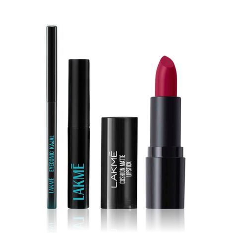 Buy Lakme Makeup Trio (Forever Matte Lipstick Made With French Rose Oil Extracts Red Aurora (4.5 gm) + Eyeconic Kajal Deep Black (0.35 gm) + 9 to 5 Eyeconic Liquid Eyeliner | Smudgeproof |Waterproof |Black |(4.5 ml)) Combo of 3-Purplle
