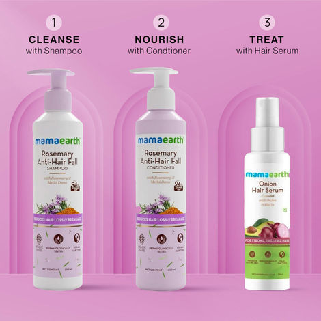 Buy Mamaearth Anti-Hair Loss & Breakage Cleanse, Nourish & Protect Combo : Rosemary Shampoo (250 ml) +Rosemary Conditioner (250 ml) + Onion Hair Serum (100 ml)-Purplle