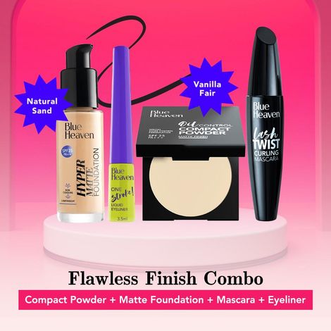 Buy Blue Heaven Flawless Finish Combo (Oil Control Compact - Vanilla Fair , Hyper Matte Foundation - 103 Natural Sand, Lash Twist Mascara - Black Pack, One Stroke Liquid Eyeliner - Jet Black) (8 g + 30 ml + 12 ml + 3.5 ml)-Purplle