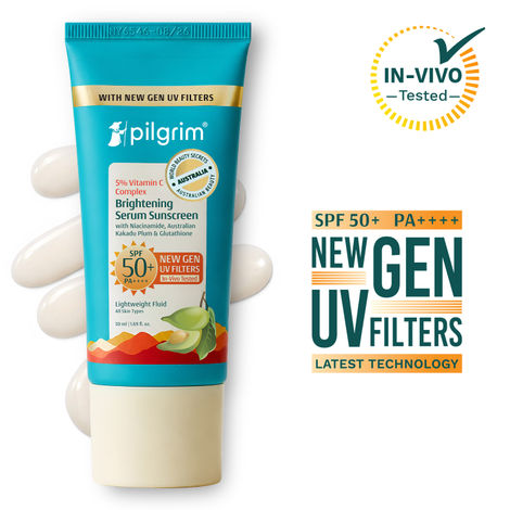 Buy Pilgrim 5% Vitamin C Brightening Serum Gel Sunscreen SPF 50+ PA++++ with Niacinamide & Glutathione | InVivo Tested New Gen UV Filters Broad Spectrum Sun Protection | No White Cast - 50 ml-Purplle