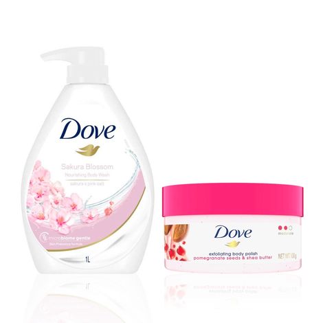 Buy Dove Body Care Combo (Refreshing Sakura Blossom Body Wash with Himalaya Pink Salt (1 L) + Body Polish Exfoliating Scrub Moisturizing Shea Butter and Pomegranate Seeds Nourishes & Conditions Soft Skin Sulphate Free (100 gm) - Combo of 2-Purplle