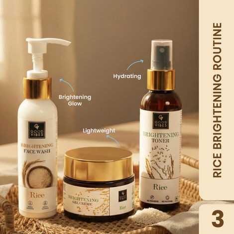 Buy Good Vibes Rice Brightening Routine | Rice Brightening Face Cleanser (120 ml) | Rice Brightening Toner (120 ml) | Rice Brightening Gel Creme (50 gm) Combo of 3-Purplle