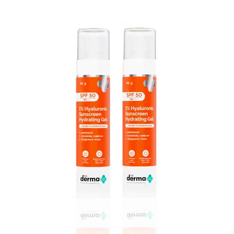 Buy The Derma Co. 1% Hyaluronic Sunscreen Hydrating Gel SPF 50 PA ++++ Hydrating sunscreen | For dry & sensitive skin | SPF 50 & PA++++ | Safe & effective 50 gm (Pack of 2)-Purplle