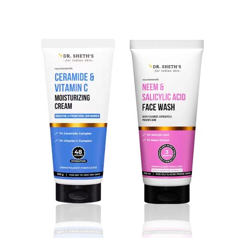 Buy Dr. Sheth's Cleanse & Hydration Care Combo of 2(Neem & Salicylic Acid Face Wash – 100 ml + Ceramide & Vitamin C Moisturizing Cream – 100 gm)-Purplle
