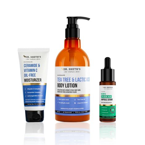 Buy Dr. Sheth's Winter Care Combo of 3 (Ceramide & Vitamin C Oil-Free Moisturizer – 50 gm + Tea Tree & Lactic Acid Body Lotion – 200 ml + Kesar & Kojic Acid Serum – 30 ml)-Purplle