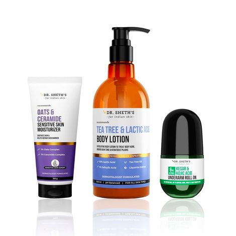 Buy Dr. Sheth's Daily Care Combo of 3 (Tea Tree & Lactic Acid Body Lotion – 200 ml + Oat & Ceramide Sensitive Skin Moisturizer – 100 gm + Kesar & Kojic Acid Underarm Roll On – 50 ml)-Purplle