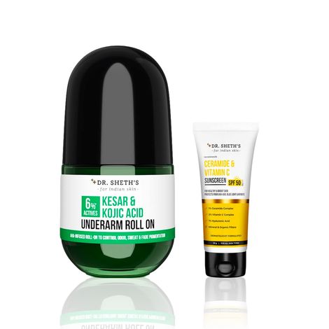 Buy Dr. Sheth's Sun Care & Odor Control Combo of 2(Ceramide & Vitamin C Sunscreen SPF 50+ PA++++ – 30 gm + Kesar & Kojic Acid Underarm Roll On – 50 ml)-Purplle