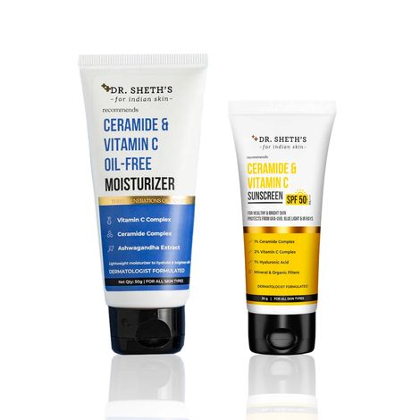 Buy Dr. Sheth's Sun Care & Hydration Combo of 2(Ceramide & Vitamin C Sunscreen SPF 50+ PA++++ – 30 gm + Ceramide & Vitamin C Oil-Free Moisturizer – 50 gm)-Purplle