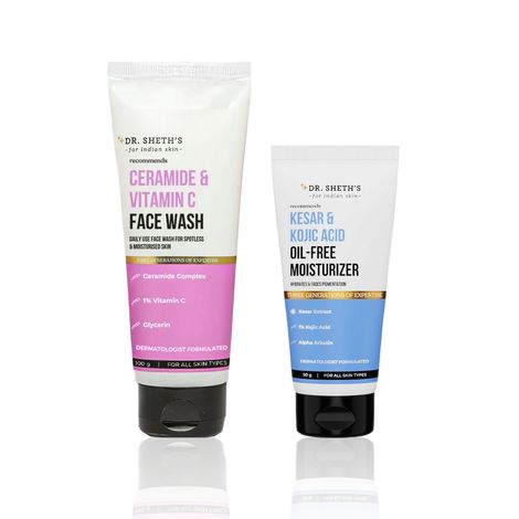 Buy Dr. Sheth's Cleanse & Brightening Care Combo (Ceramide & Vitamin C Face Wash – 100 gm + Kesar & Kojic Acid Oil-Free Moisturizer – 50 gm) Combo of 2-Purplle