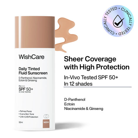 Buy WishCare Daily Fluid Tinted Sunscreen SPF50 PA++++|M204| Broad Spectrum Protection for all skin types| In-Vivo Tested| D-Panthenol, Niacinamide, Ectoin & Ginseng | Evens & Protects | 50 ml-Purplle