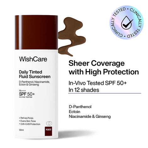 Buy WishCare Daily Fluid Tinted Sunscreen SPF50 PA++++|R303| Broad Spectrum Protection for all skin types| In-Vivo Tested| D-Panthenol, Niacinamide, Ectoin & Ginseng | Evens & Protects | 50 ml-Purplle