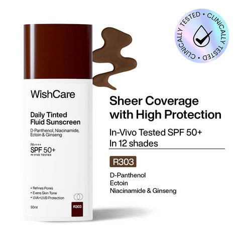 Buy WishCare Daily Fluid Tinted Sunscreen SPF50 PA++++|R303| Broad Spectrum Protection for all skin types| In-Vivo Tested| D-Panthenol, Niacinamide, Ectoin & Ginseng | Evens & Protects | 50 ml-Purplle