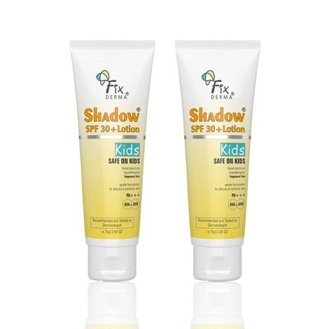 Buy Fixderma Shadow Kids Care Set | SPF 30+ Lotion Sunscreen for Sensitive Skin | Broad Spectrum UVA & UVB Protection | Non Greasy & Water Resistant | For Body & Face | (75 gm + 75 gm) Pack of 2-Purplle
