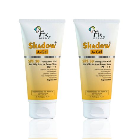 Buy Fixderma Shadow Acne Defense Sunscreen Combo | A-Gel SPF 30 Moisturizer for Acne Prone Skin | Broad Spectrum UVA & UVB Protection | Transparent Gel Formula | For Body & Face | Unisex | (75 ml + 75 ml) Pack of 2-Purplle