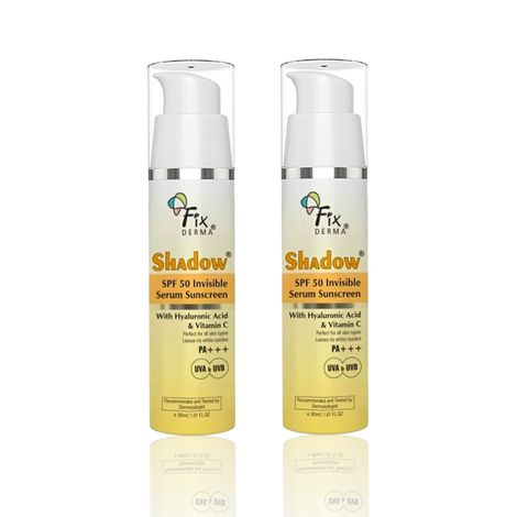Buy Fixderma Shadow Serum Glow Pack | SPF 50+ PA+++ Invisible Serum Sunscreen with Vitamin C & Hyaluronic Acid | No White Cast | Ultra Lightweight | Airless Pump | For All Skin Types | (30 ml + 30 ml) Pack of 2-Purplle