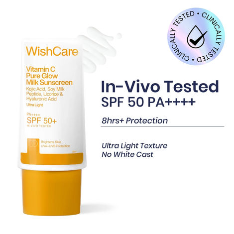 Buy WishCare Vitamin C Pure Glow Milk Sunscreen SPF 50 PA++++ - Ultra Light Weight, Oil Free with Broad Spectrum Protection & No White Cast - 30 gm-Purplle