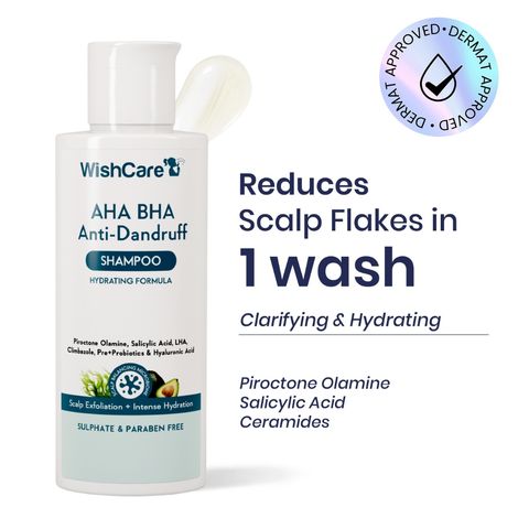Buy WishCare Hydrating AHA BHA Anti Dandruff Shampoo - Piroctone Olamine, Salicylic Acid, LHA, Climbazole, Pre+Probiotics & Hyaluronic Acid - Sulfate & Paraben Free - 120 ml-Purplle