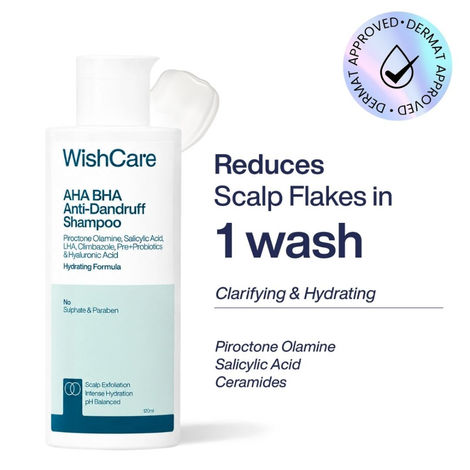 Buy WishCare Hydrating AHA BHA Anti Dandruff Shampoo - Piroctone Olamine, Salicylic Acid, LHA, Climbazole, Pre+Probiotics & Hyaluronic Acid - Sulfate & Paraben Free - 120 ml-Purplle